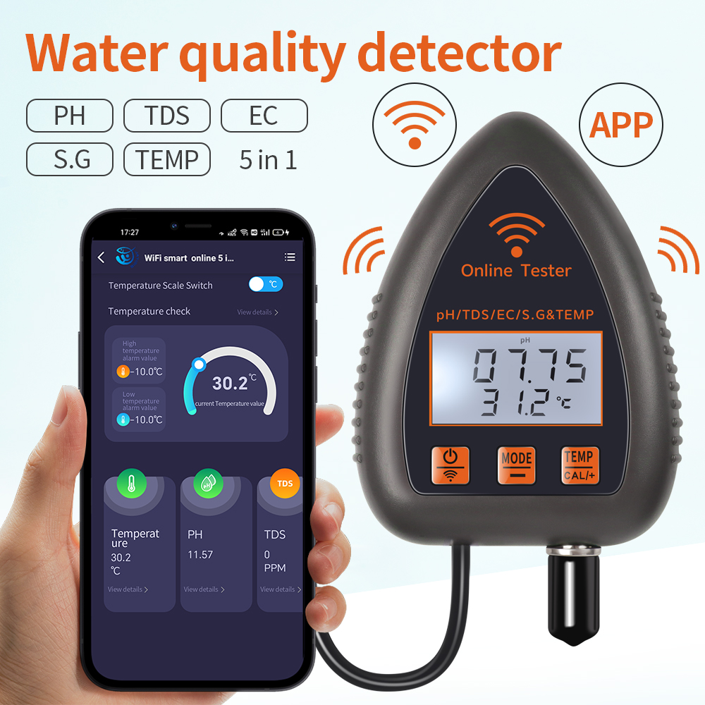 Ph Meter Digital Water Tester - Tuya WiFi 5 في 1 TDS/EC/SALT/S.G./TEMP